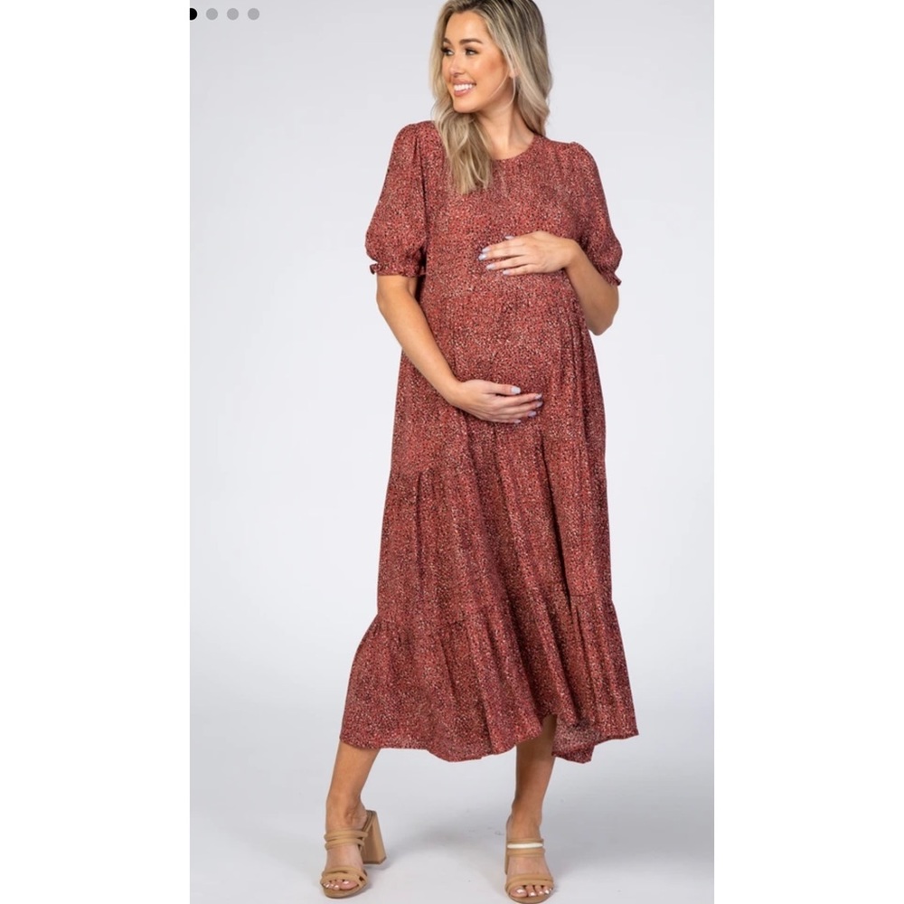 Rust Printed Tiered Maternity Midi Dress